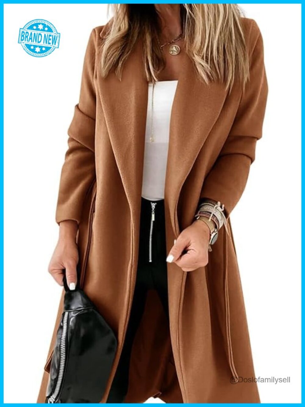 Women's Notched Lapel Open Front Long Belted Overcoat Relaxed Fit